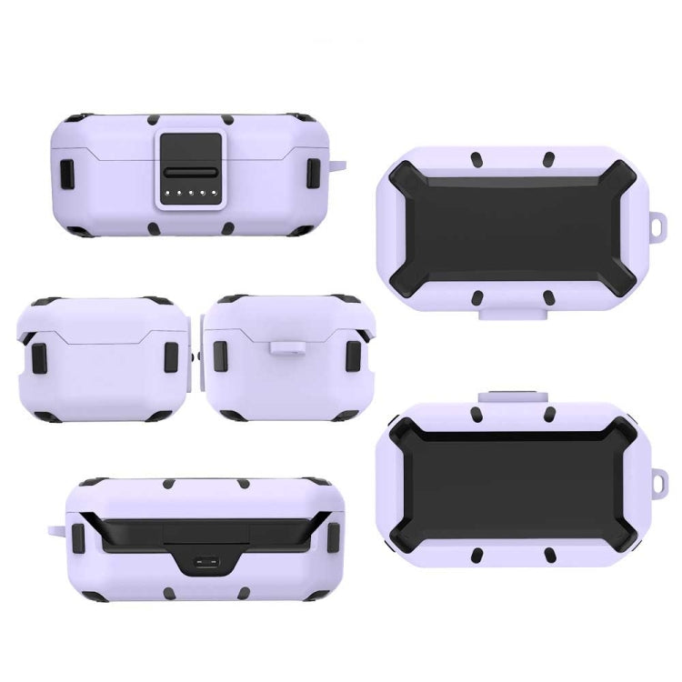 Purple silicone earbud protective case, multiple angles, with key ring