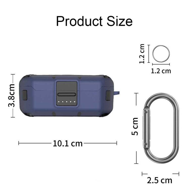 Purple silicone earbud case size diagram with measurements and carabiner ring