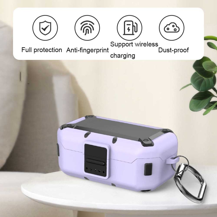 Purple silicone earbud protective case with charging port opening and carabiner ring