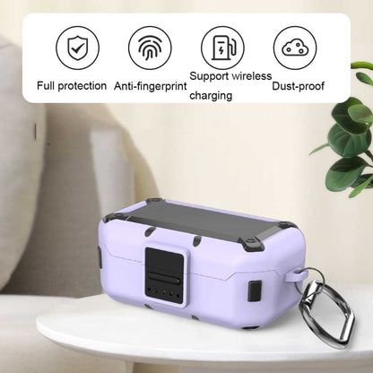 Purple silicone earbud protective case with charging port opening and carabiner ring