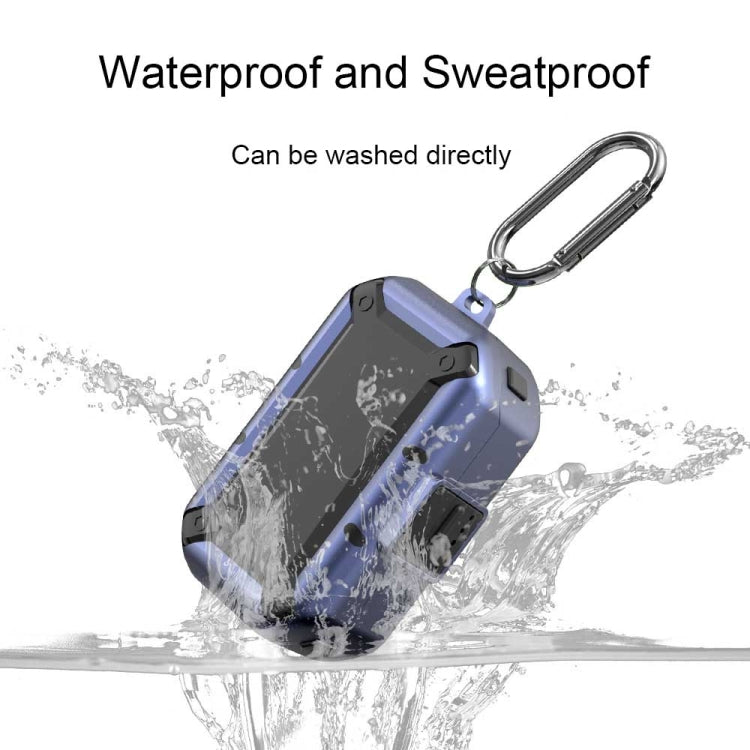 Purple waterproof silicone earbud case with carabiner ring and water splash
