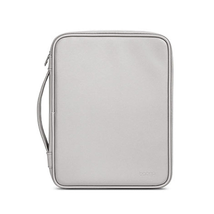 Gray handheld tablet bag with top zipper and side wrist strap
