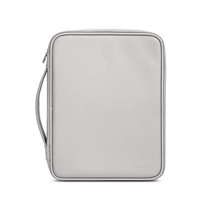 Gray handheld tablet bag with top zipper and side wrist strap