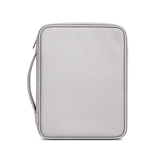 Gray handheld tablet bag with top zipper and side wrist strap