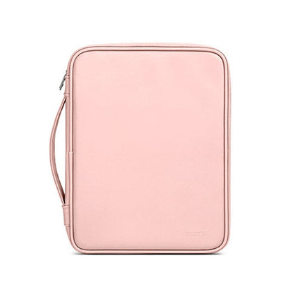 Pink handheld tablet bag with top zipper and side wrist strap