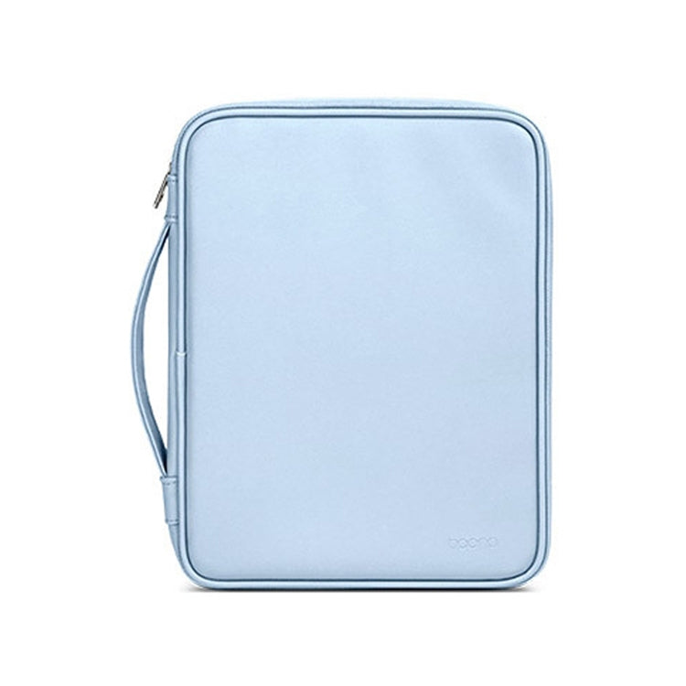 Blue handheld tablet bag with top zipper and side wrist strap