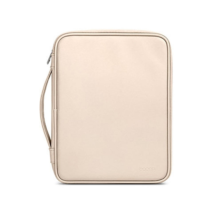 Beige handheld tablet bag with top zipper and side wrist strap