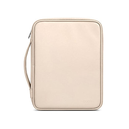 Beige handheld tablet bag with top zipper and side wrist strap