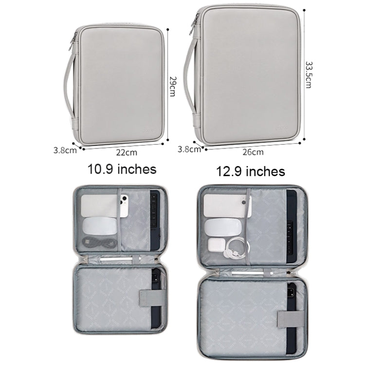 Tablet bag with open organizer and size dimensions for 10.9 and 12.9 inches