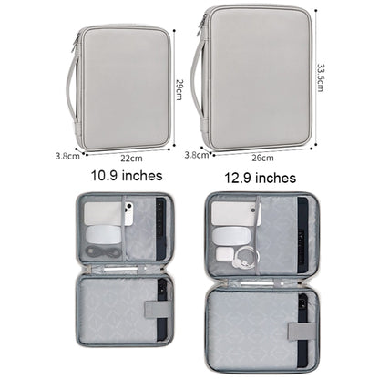 Tablet bag with open organizer and size dimensions for 10.9 and 12.9 inches