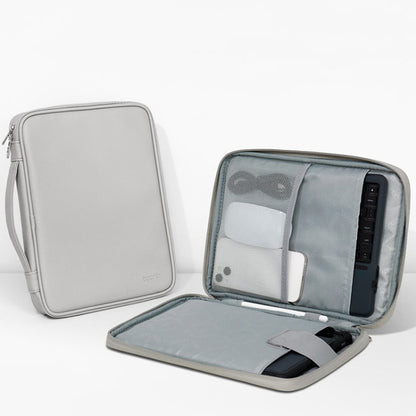 Gray handheld tablet bag open to reveal padded organizer and zippered shell