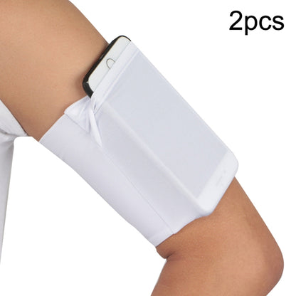 White elastic phone armband set with secure pocket on wearer’s arm (2-pack).