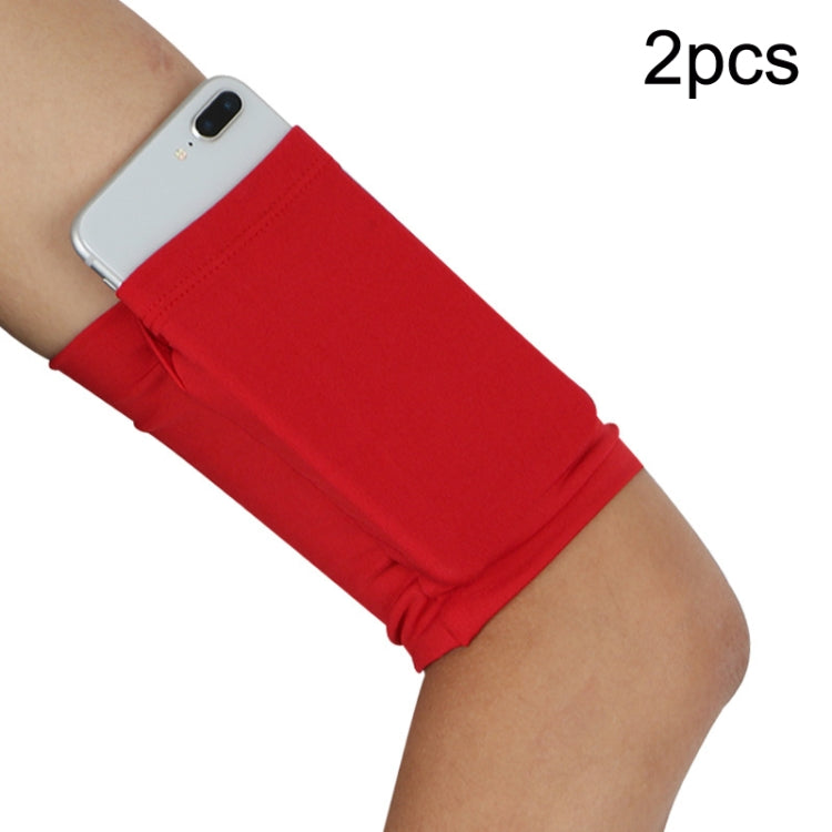 Red elastic phone armband set with secure pocket on wearer’s arm (2-pack).