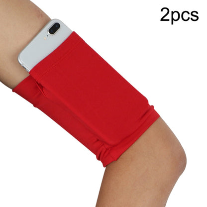 Red elastic phone armband set with secure pocket on wearer’s arm (2-pack).
