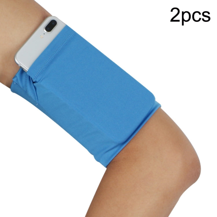 Blue elastic phone armband set with secure pocket on wearer’s arm (2-pack).