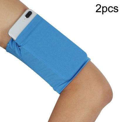 Blue elastic phone armband set with secure pocket on wearer’s arm (2-pack).