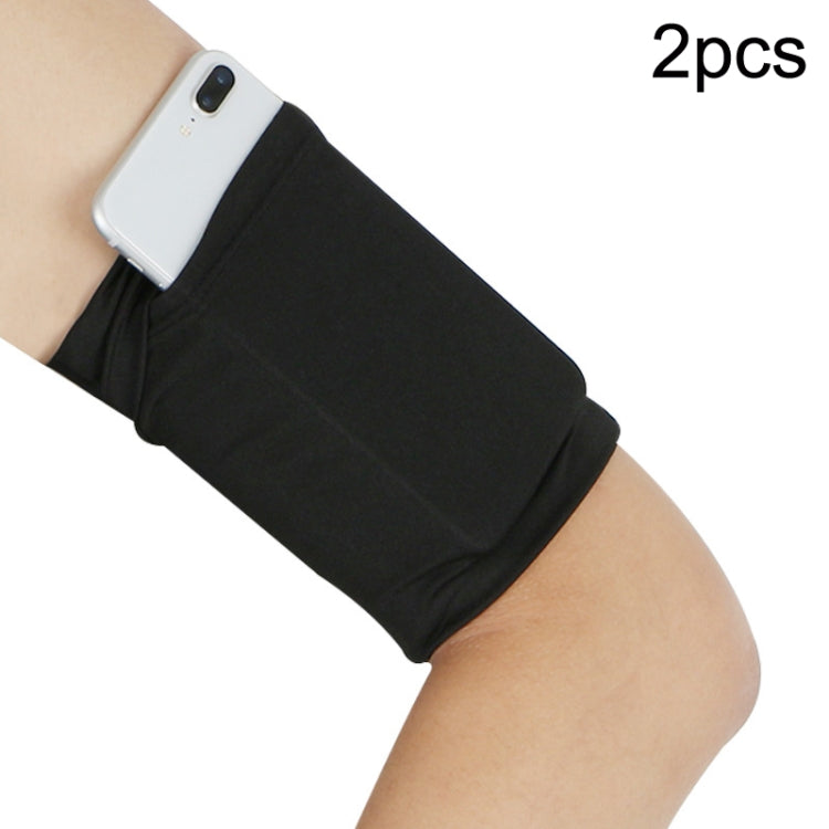 Black elastic phone armband set with secure pocket on wearer’s arm (2-pack).