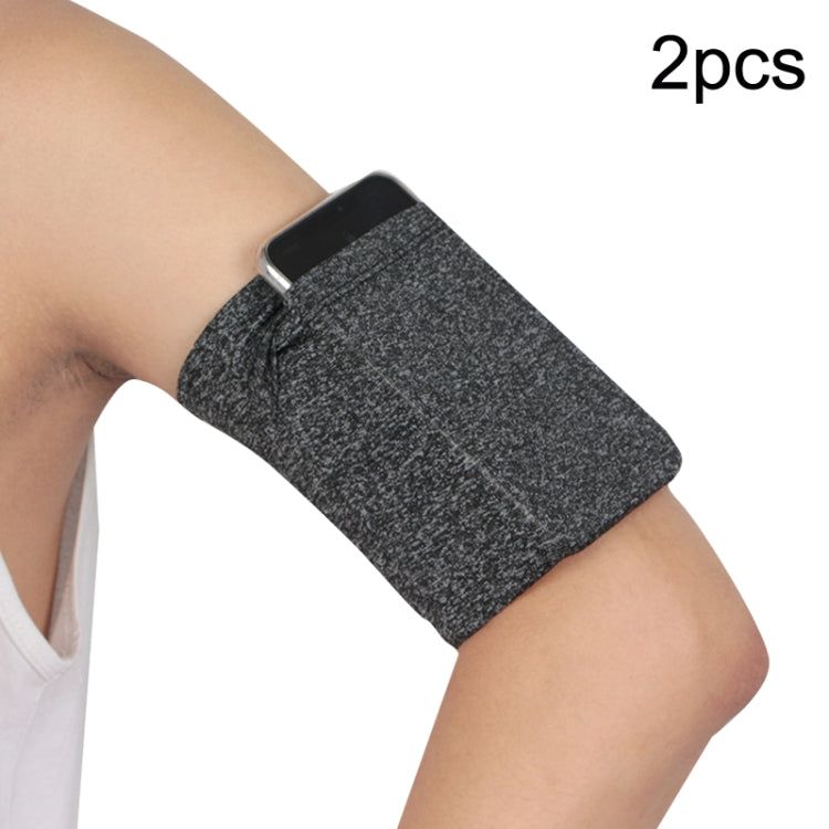 Charcoal gray elastic phone armband set with secure pocket on wearer’s arm (2-pack).