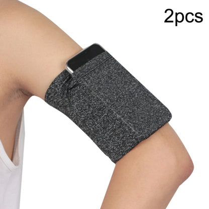 Charcoal gray elastic phone armband set with secure pocket on wearer’s arm (2-pack).