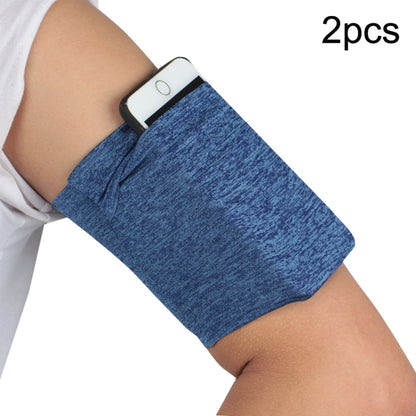Blue elastic phone armband with a screen-facing pouch, worn on an arm