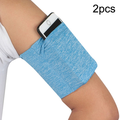 Light blue elastic phone armband pouch with phone opening, worn on an arm