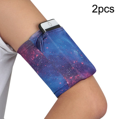 Galaxy-style blue elastic phone armband pouch, worn on an arm