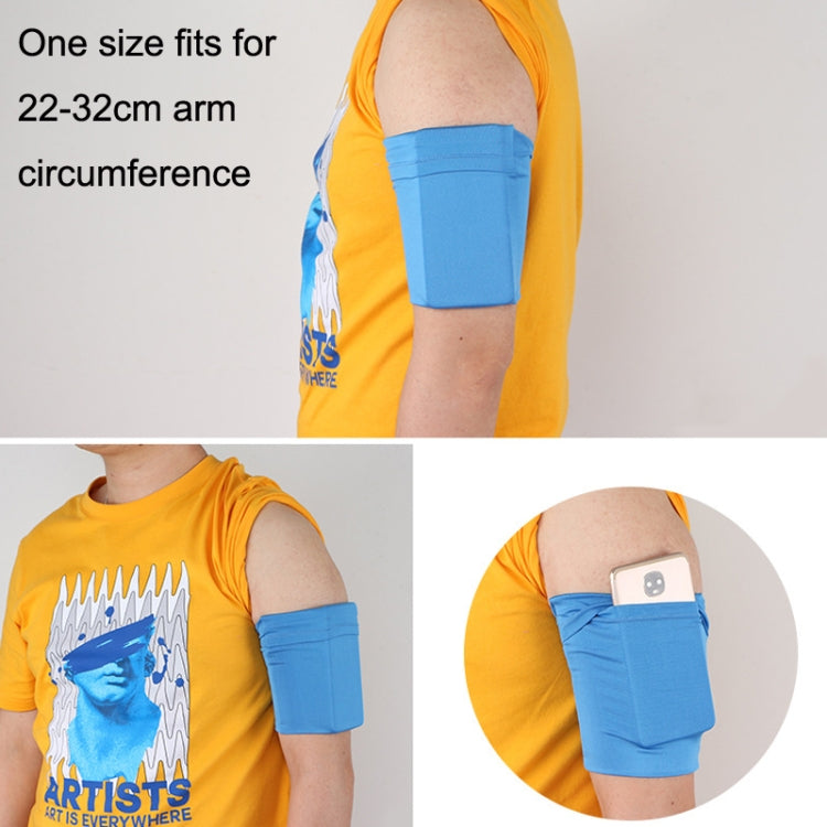 Blue elastic phone armband on arm, sized for 22–32cm arm circumference