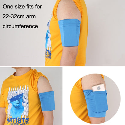 Blue elastic phone armband on arm, sized for 22–32cm arm circumference