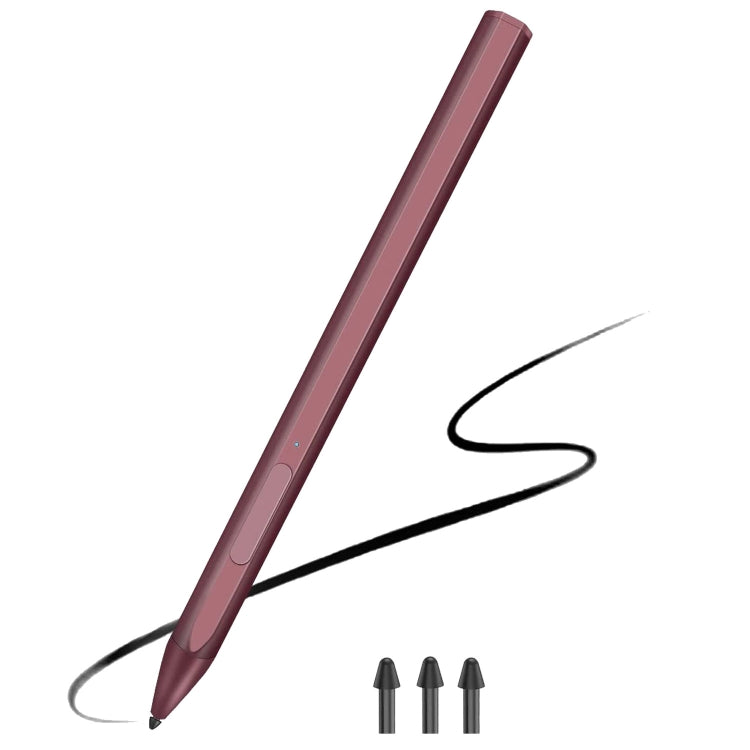 Red active touch stylus with replacement nibs, angled view