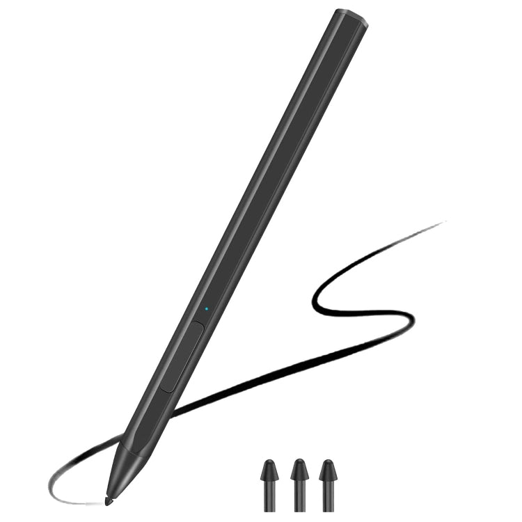 Black active touch stylus with replacement nibs, angled view