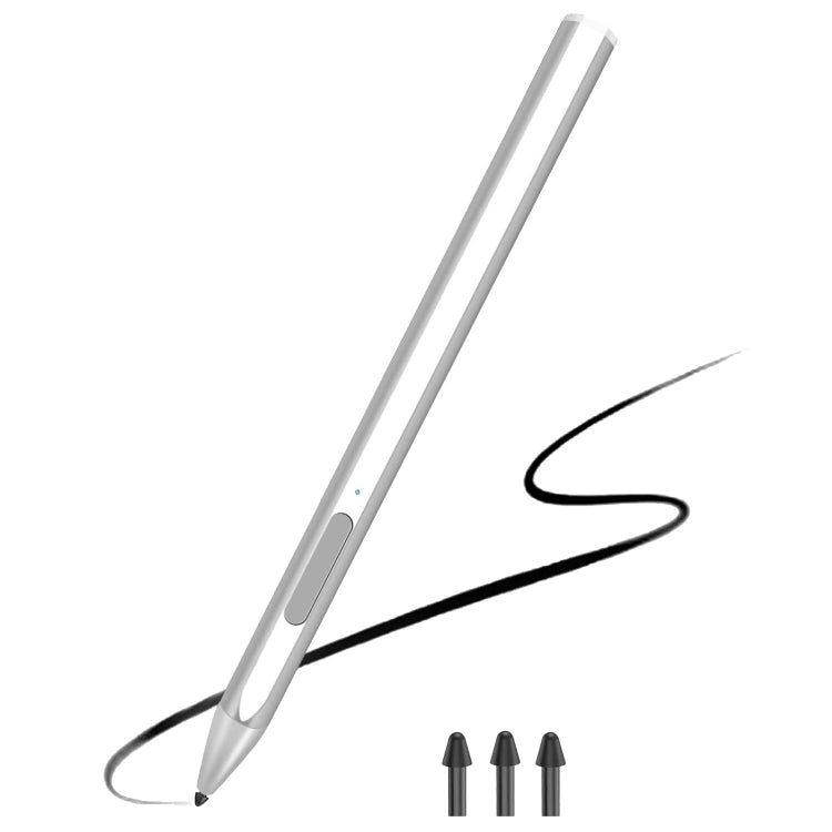 Silver active touch stylus with replacement nibs, angled view
