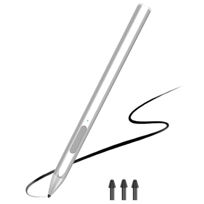 Silver active touch stylus with replacement nibs, angled view