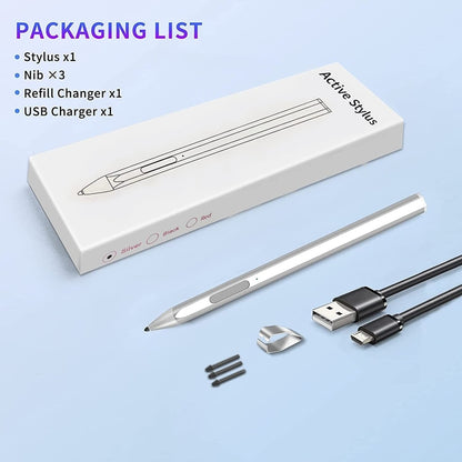 Silver stylus kit with retail box, USB charger, and extra nibs