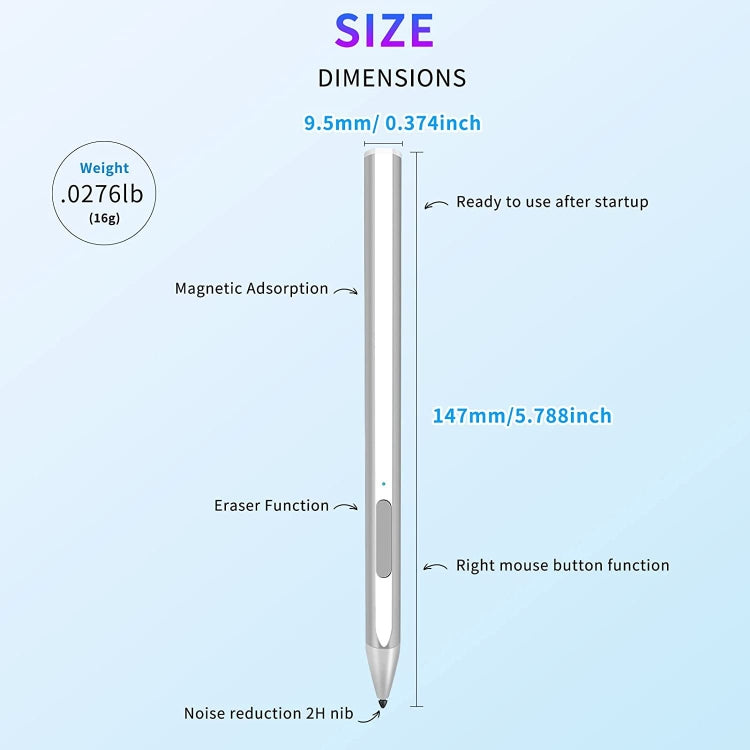 Silver active stylus side view with button and pointed tip