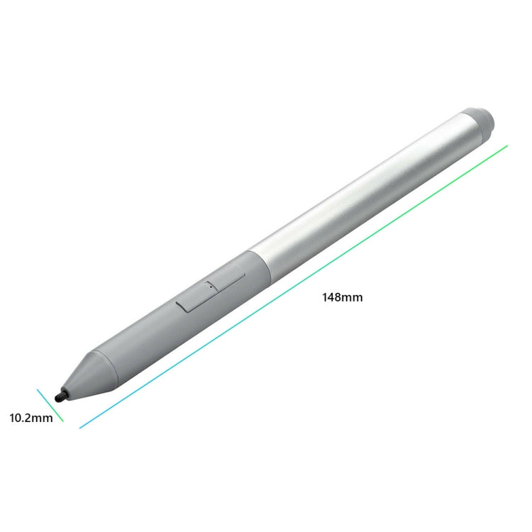 Gray touch pen stylus with pointed tip, showing overall length and width
