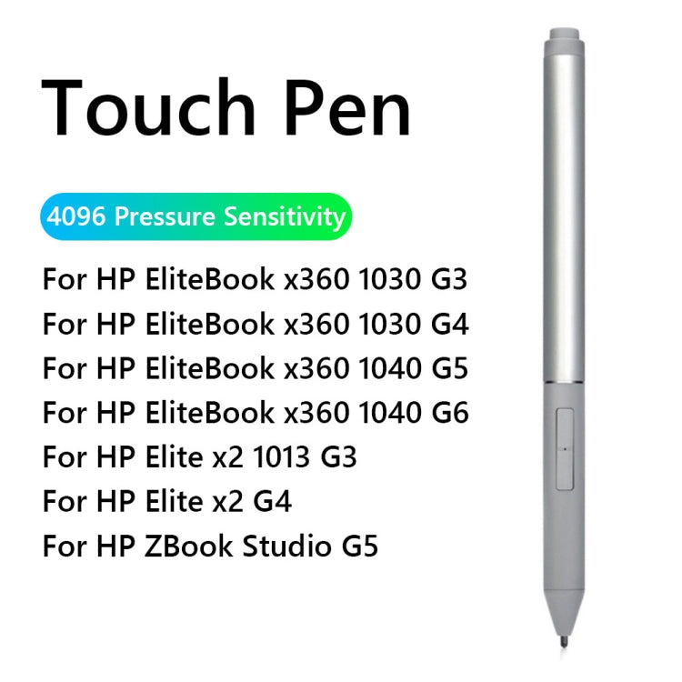 Silver-gray touch pen stylus standing upright with pointed tip