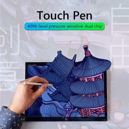 Gray touch pen stylus sketching on tablet display with patterned artwork