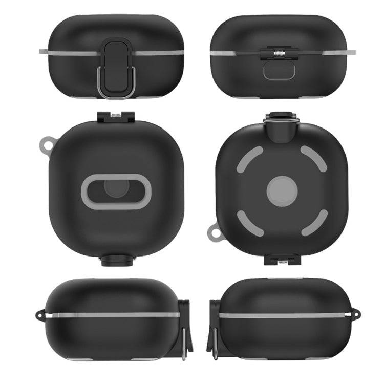 Set of black shockproof earbuds cases from multiple angles with carabiner