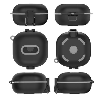 Set of black shockproof earbuds cases from multiple angles with carabiner