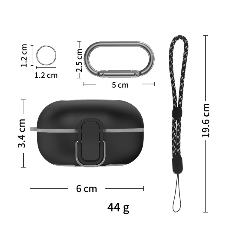 Black shockproof earbuds case with carabiner, lanyard, and size dimensions