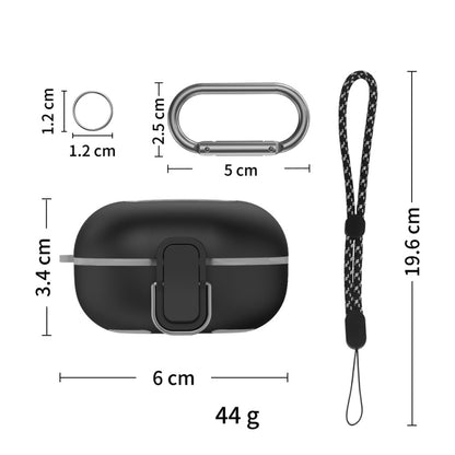 Black shockproof earbuds case with carabiner, lanyard, and size dimensions