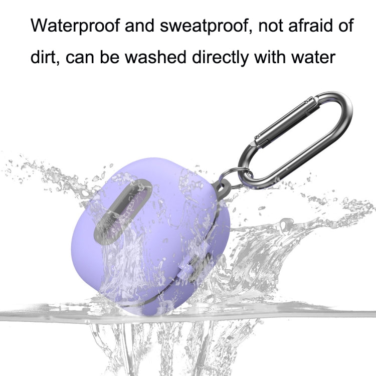 Lavender earbuds protective case with carabiner in water splash scene