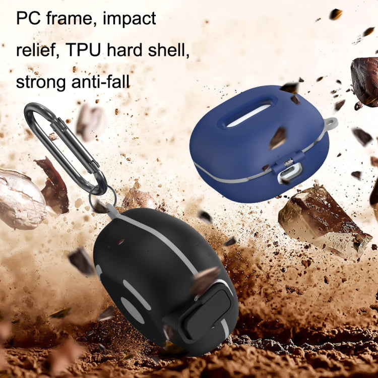 Blue and black shockproof earbuds cases with carabiner shown in debris impact scene
