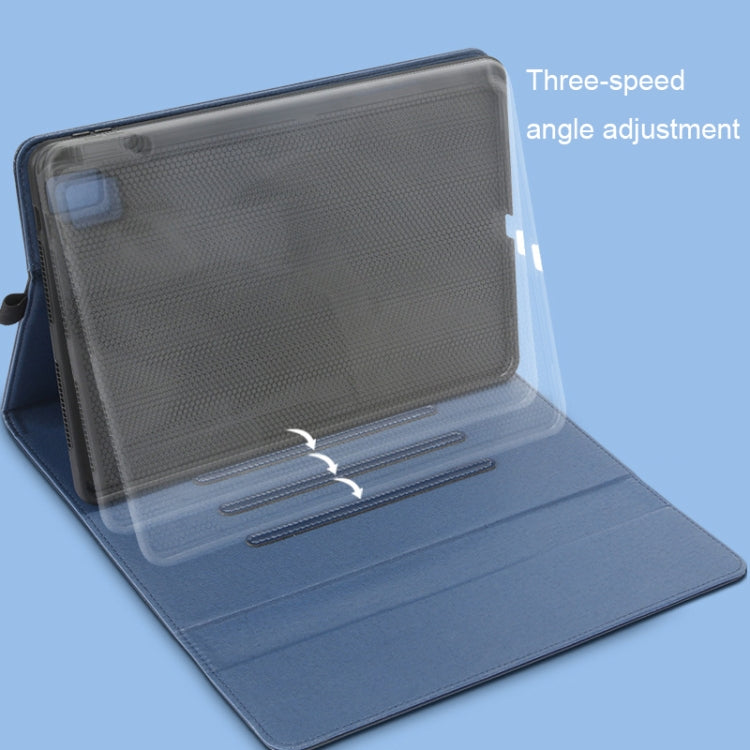 Blue folio tablet cover with textured back and adjustable stand angles