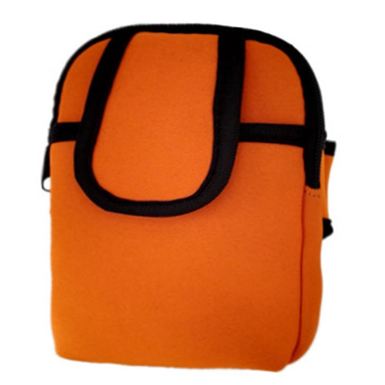 Orange neoprene armband phone bag with black trim and adjustable strap, zip closure.