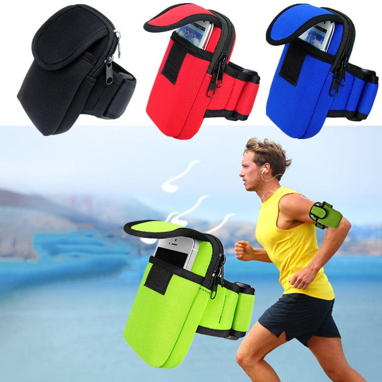 Set of neoprene armband phone bags in multiple colors with black trim and zipper.