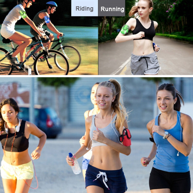 Runners wearing neoprene armband phone pouches in dark and light colors.
