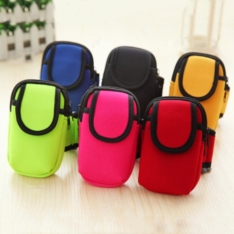 Assorted neoprene armband phone bags with black trim in green, blue, red, and yellow.