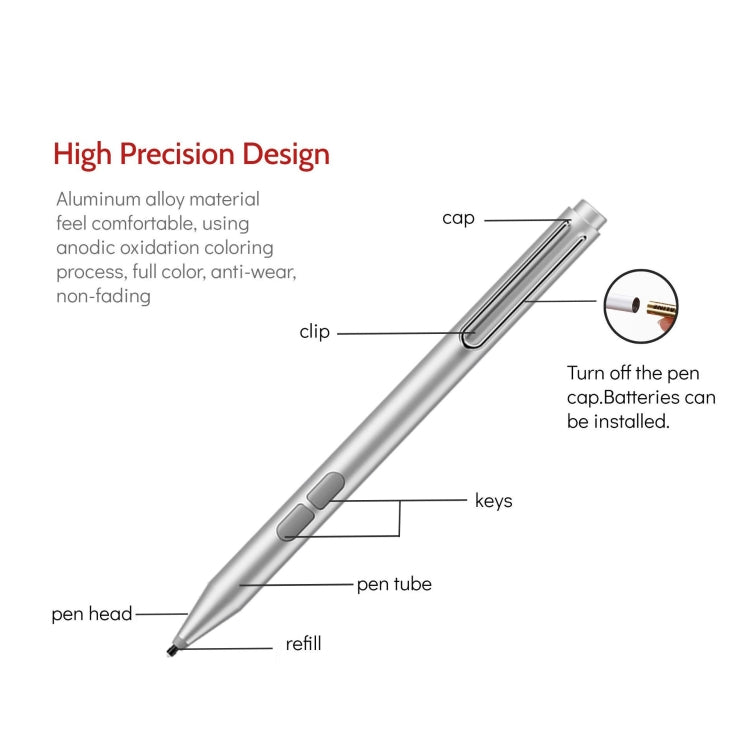 Silver electronic stylus pen with clip and pen-head detail