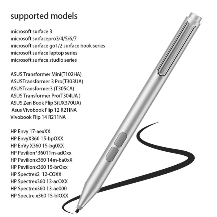 Silver electronic stylus pen angled with fine tip and side buttons